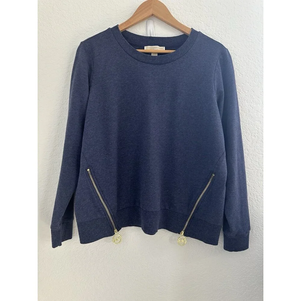 MICHAEL Michael Kors Crew Neck Pullover Sweatshirt Women's‎ L Blue Gold Zip Soft